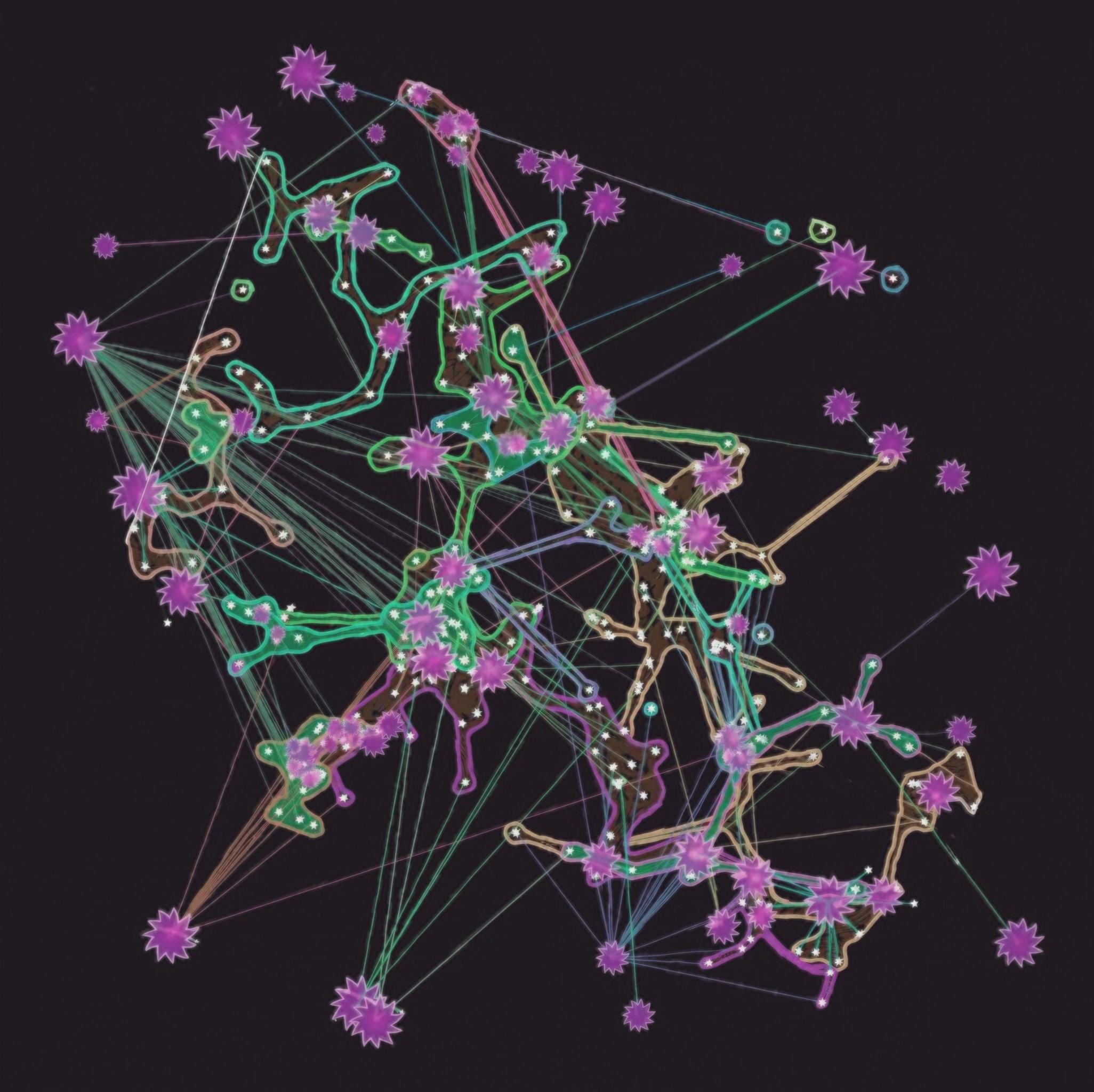 Rhizomatic drawing of branching paths and interconnected plants.